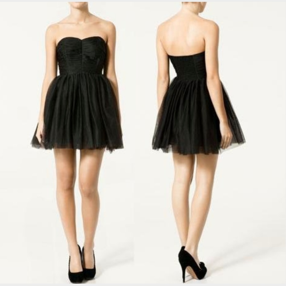 Black Zara Ballerina Tulle Strapless Cocktail Party Dress